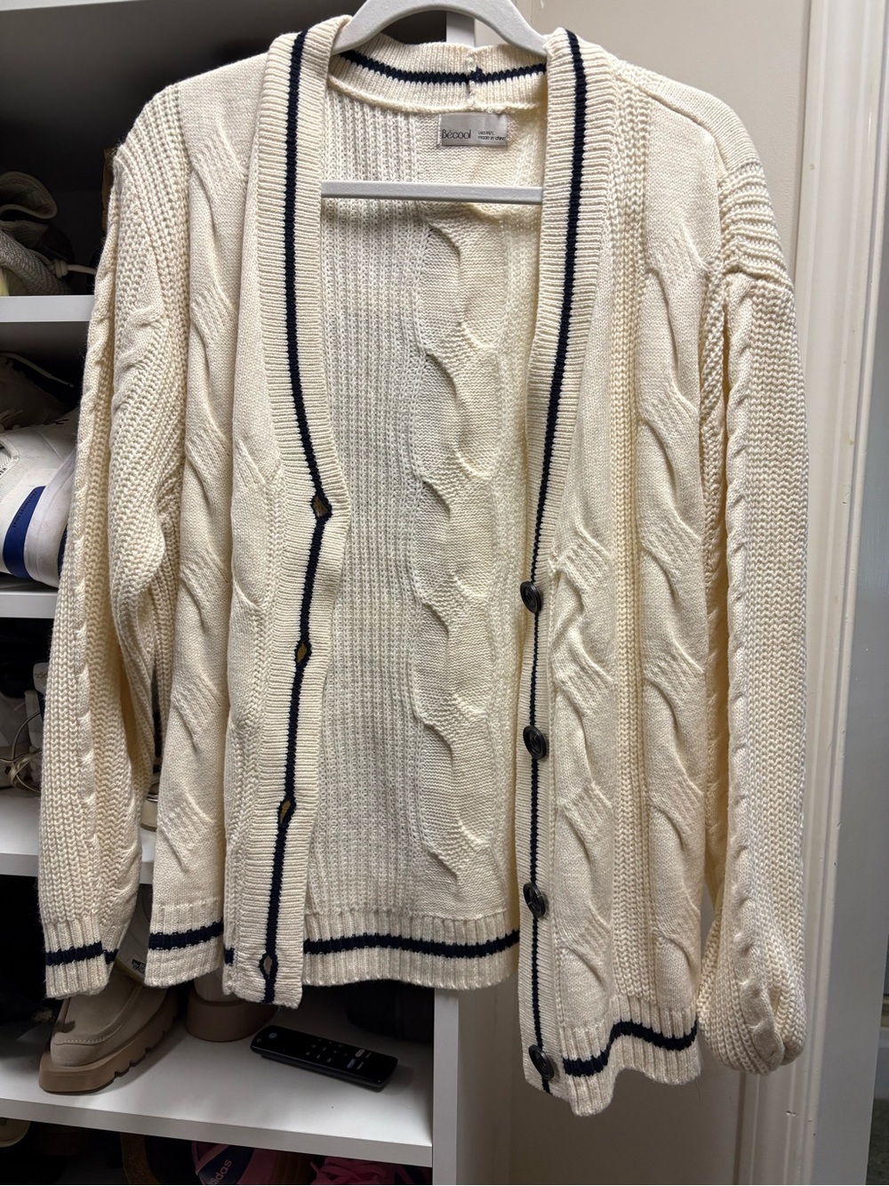 Cream Cable Knit Cardigan with Navy Trim